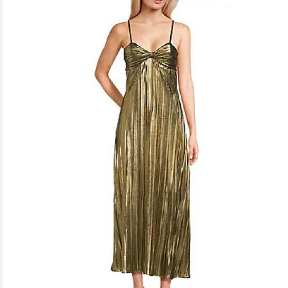 THIRTY THIRTY Women’s  Gold Pleated Maxi Dress with Spaghetti Straps